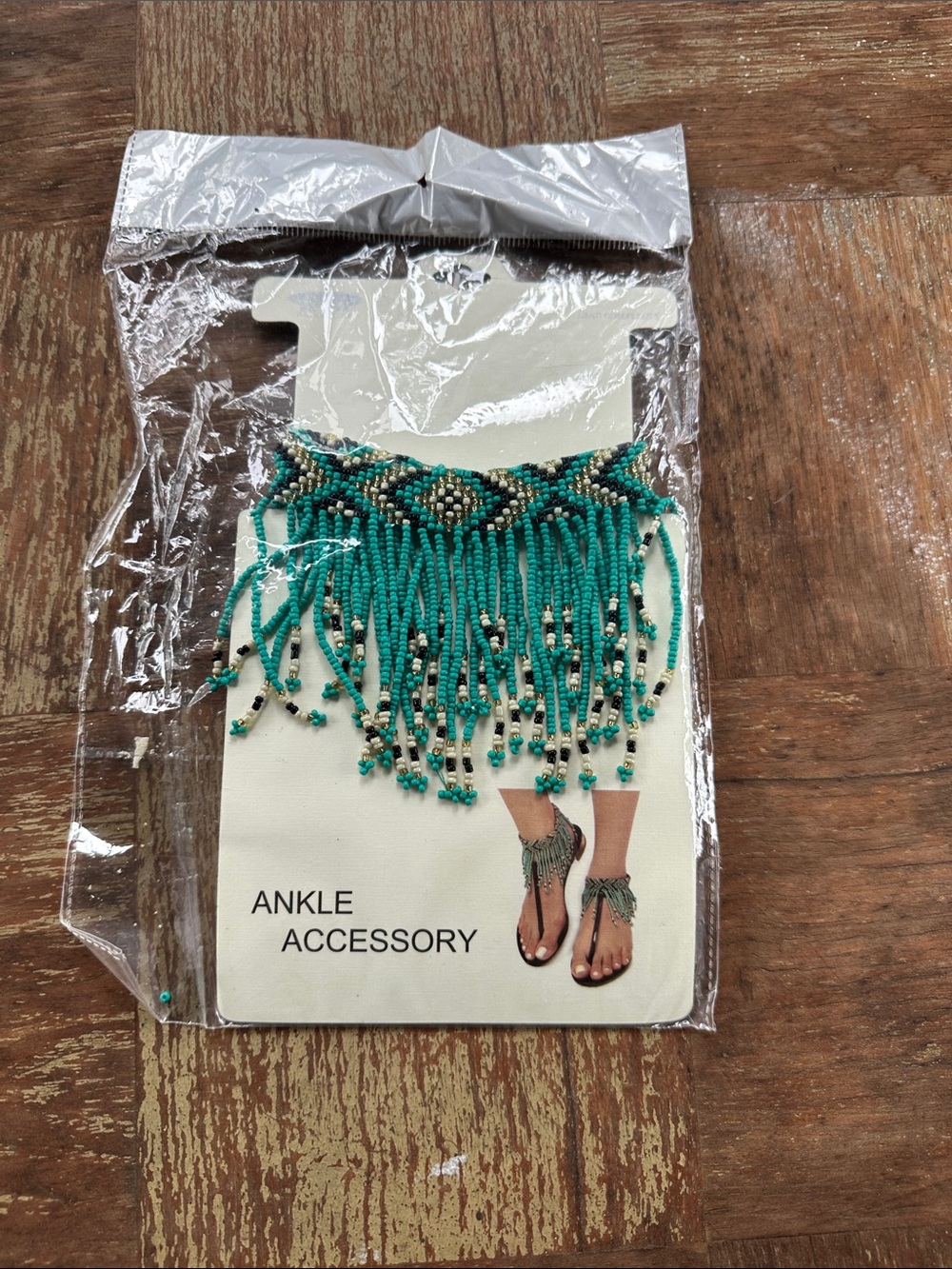 Beaded Fringe Anklets Bracelets in Teal with Black & Gold Accents